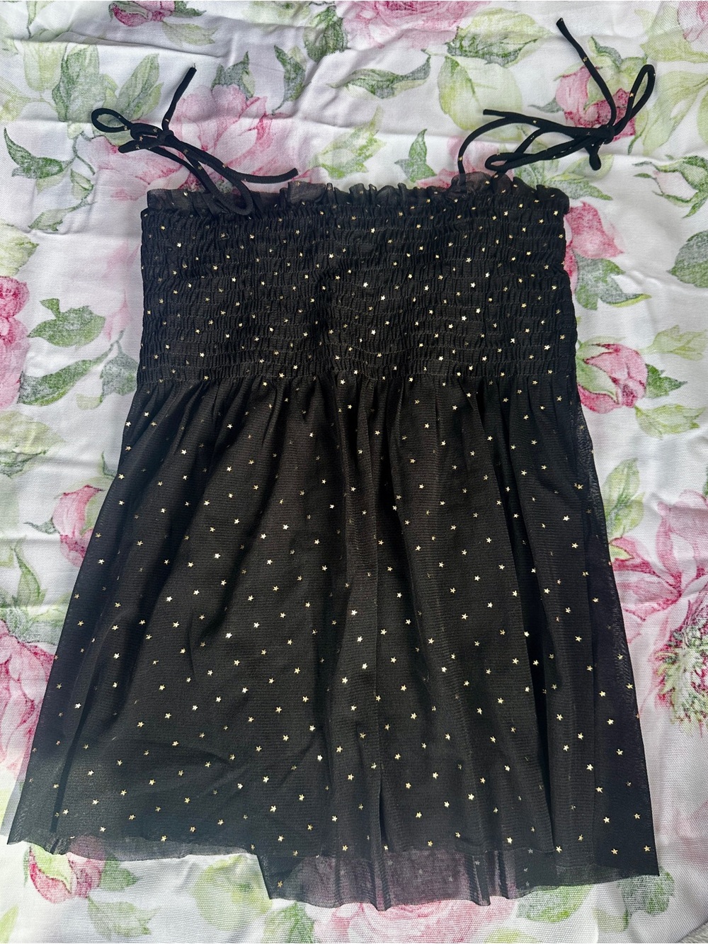 #124 Black Smocked Star Print Tube Dress with Tie Straps, see through